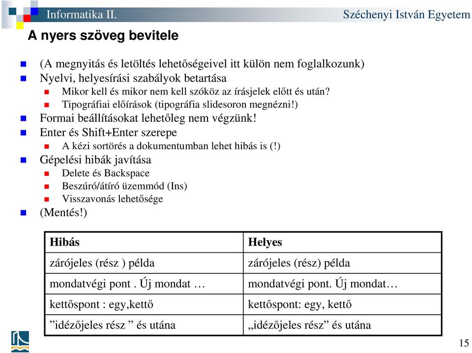 Enter és Shift+Enter szerepe A kézi sortörés a dokumentumban lehet hibás is (!) Gépelési hibák javítása (Mentés!