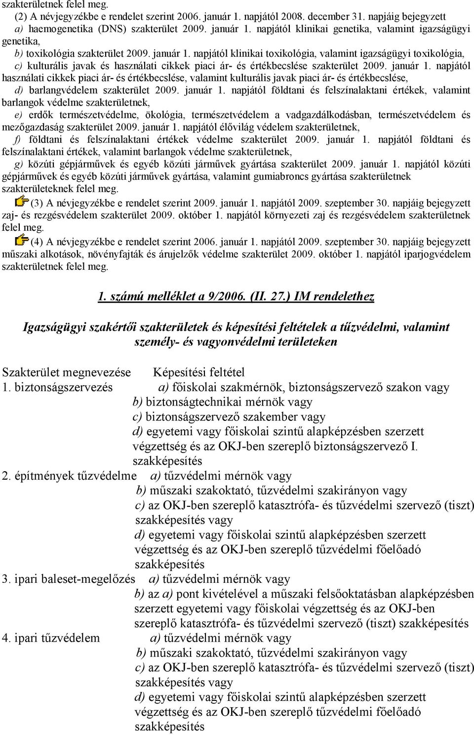 napjától használati cikkek piaci ár- és értékbecslése, valamint kulturális javak piaci ár- és értékbecslése, d) barlangvédelem szakterület 2009. január 1.