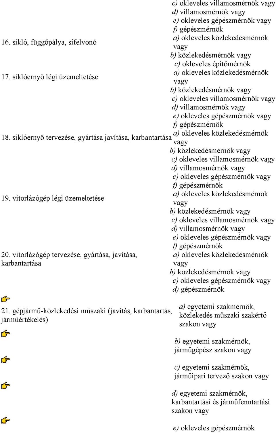 siklóernyı légi üzemeltetése b) közlekedésmérnök c) okleveles villamosmérnök d) villamosmérnök e) okleveles gépészmérnök f) gépészmérnök a) okleveles közlekedésmérnök 18.