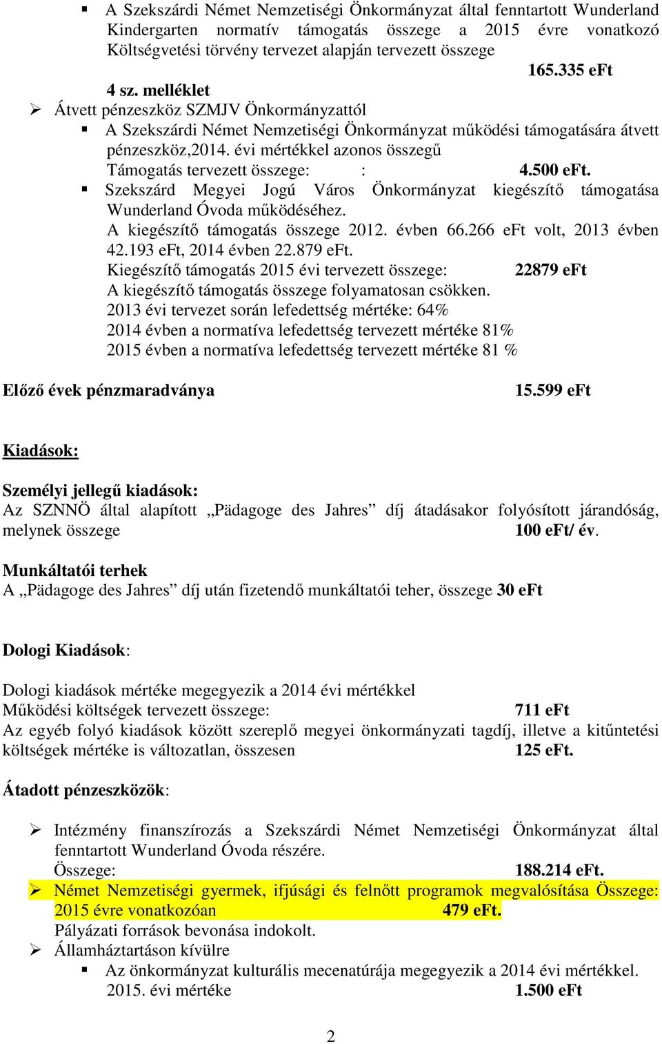 évi mértékkel azonos összegő Támogatás tervezett összege: : 4.500 eft. Szekszárd Megyei Jogú Város Önkormányzat kiegészítı támogatása Wunderland Óvoda mőködéséhez. A kiegészítı támogatás összege 2012.