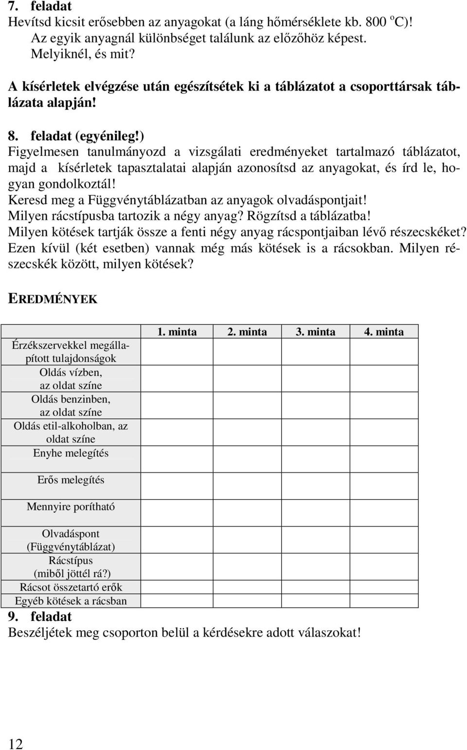 ) Figyelmesen tanulmányozd a vizsgálati eredményeket tartalmazó táblázatot, majd a kísérletek tapasztalatai alapján azonosítsd az anyagokat, és írd le, hogyan gondolkoztál!