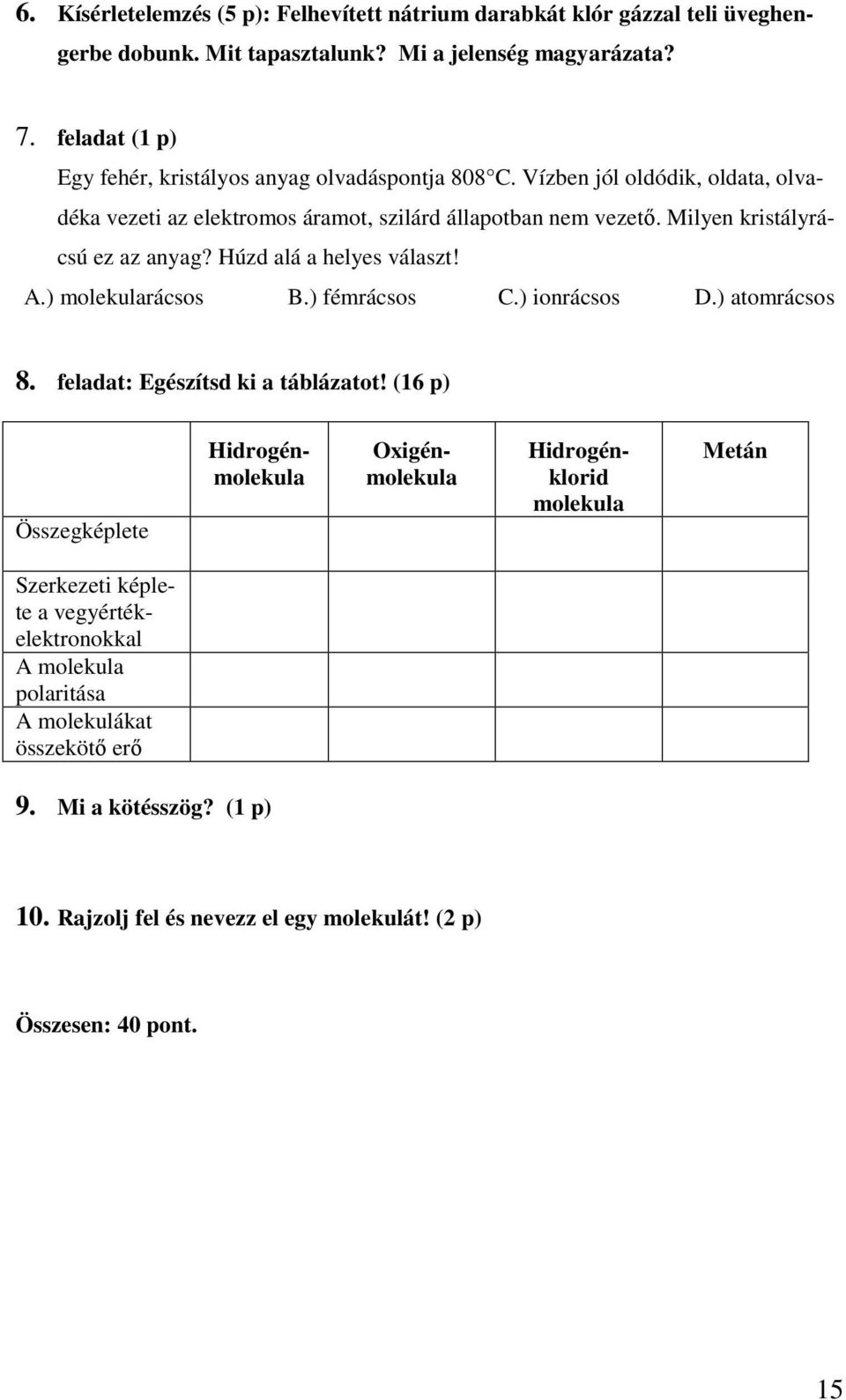 Milyen kristályrácsú ez az anyag? Húzd alá a helyes választ! A.) molekularácsos B.) fémrácsos C.) ionrácsos D.) atomrácsos 8. feladat: Egészítsd ki a táblázatot!