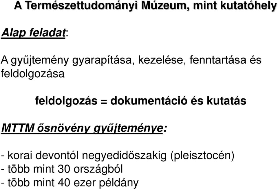 dokumentáció és kutatás MTTM ősnövény gyűjteménye: - korai devontól