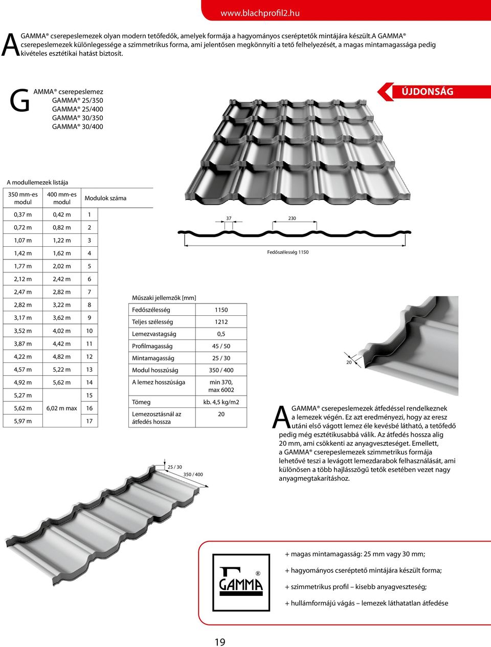 GAMMA cserepeslemez GAMMA 25/350 GAMMA 25/400 GAMMA 30/350 GAMMA 30/400 Újdonság A modullemezek listája 350 mm-es modul 400 mm-es modul 0,37 m 0,42 m 1 0,72 m 0,82 m 2 Modulok száma 37 230 1,07 m