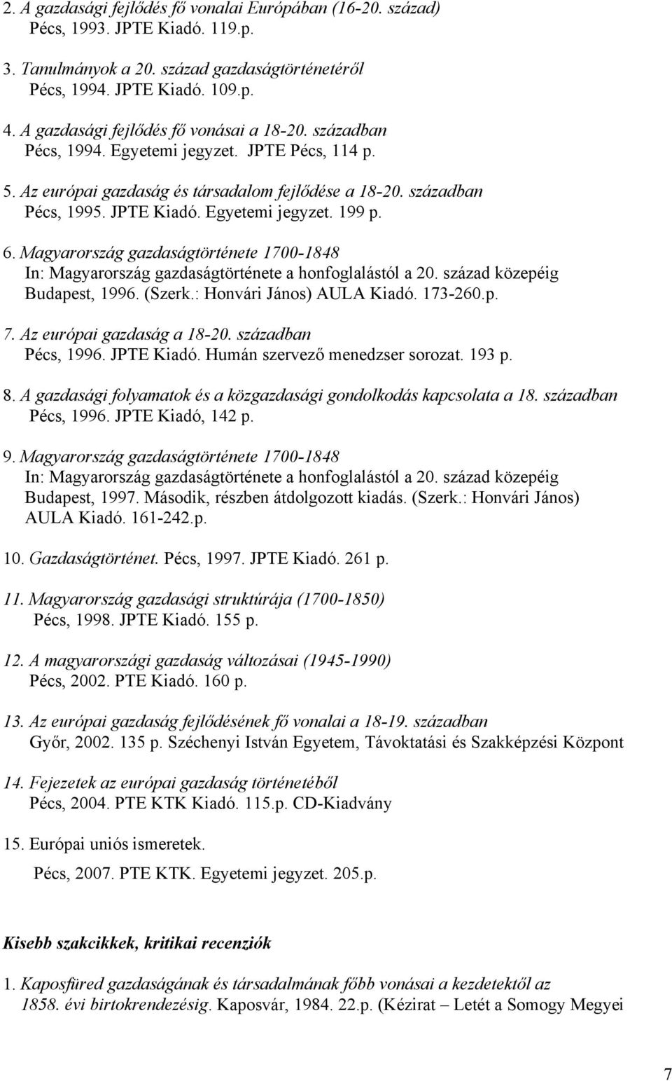 Egyetemi jegyzet. 199 p. 6. Magyarország gazdaságtörténete 1700-1848 In: Magyarország gazdaságtörténete a honfoglalástól a 20. század közepéig Budapest, 1996. (Szerk.: Honvári János) AULA Kiadó.