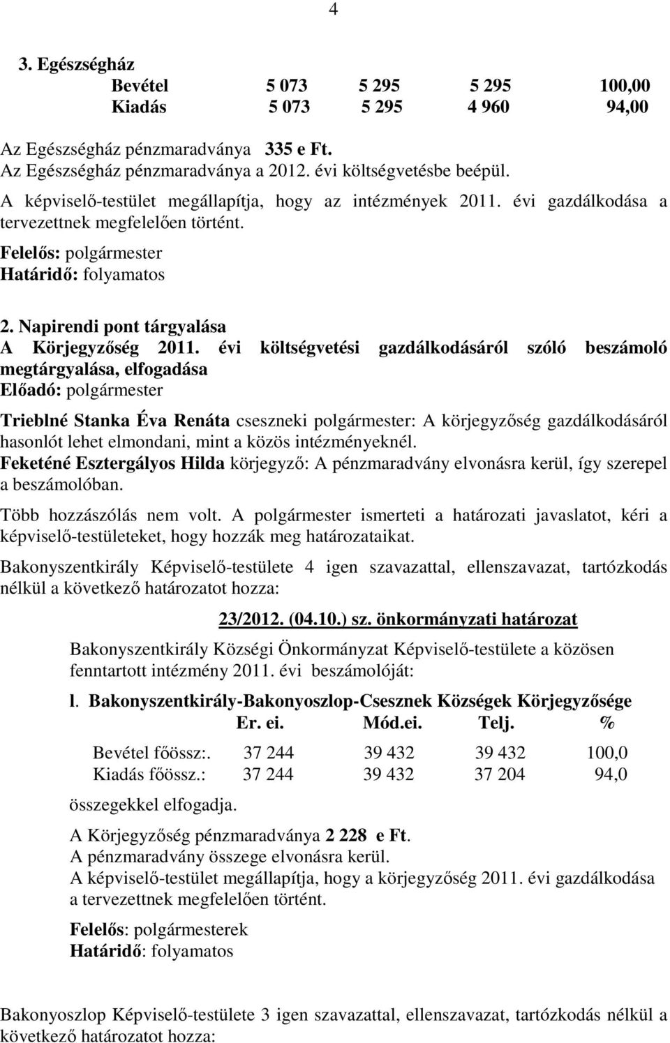 évi költségvetési gazdálkodásáról szóló beszámoló megtárgyalása, elfogadása Előadó: polgármester Trieblné Stanka Éva Renáta cseszneki polgármester: A körjegyzőség gazdálkodásáról hasonlót lehet