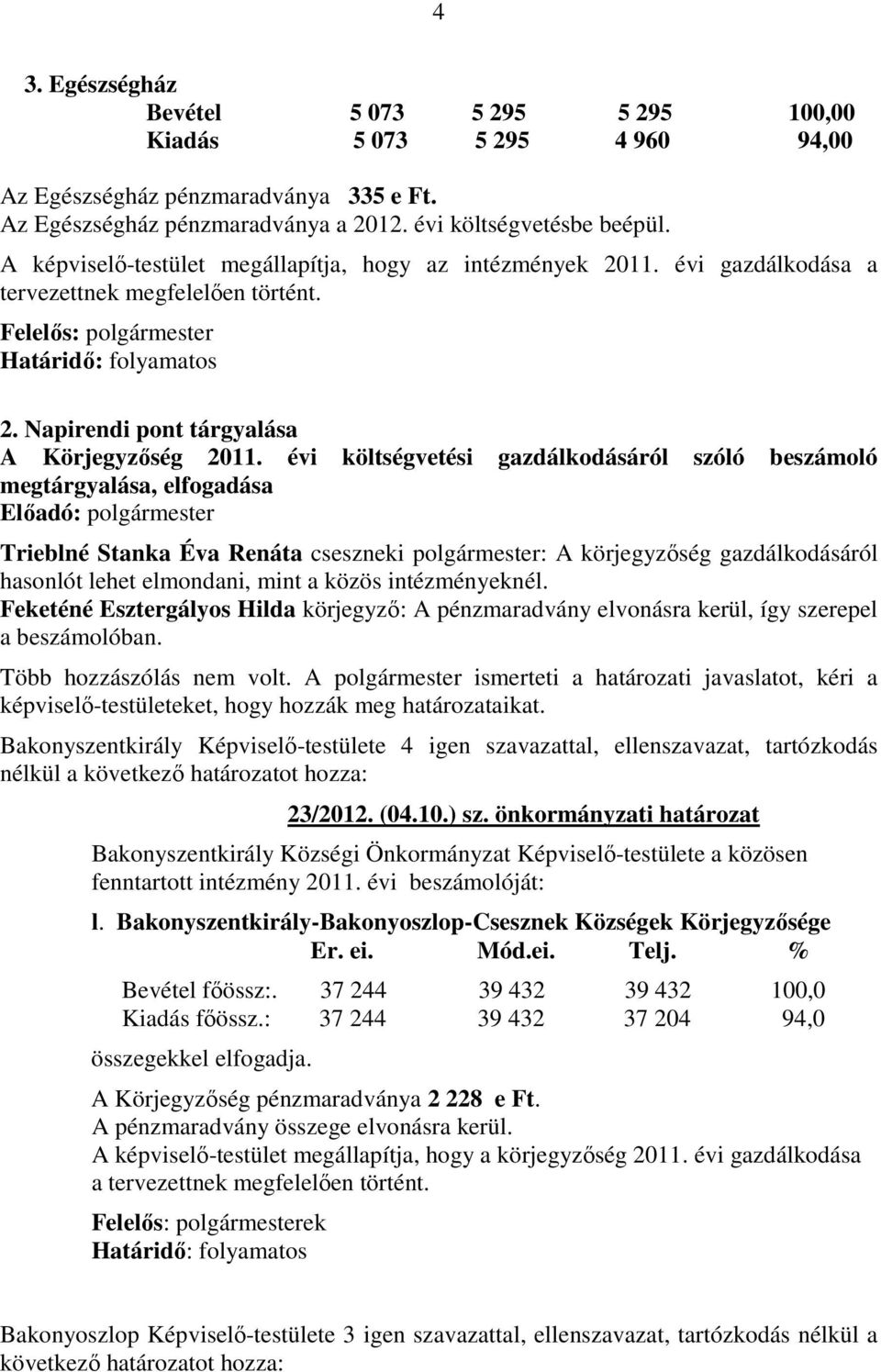 évi költségvetési gazdálkodásáról szóló beszámoló megtárgyalása, elfogadása Előadó: polgármester Trieblné Stanka Éva Renáta cseszneki polgármester: A körjegyzőség gazdálkodásáról hasonlót lehet