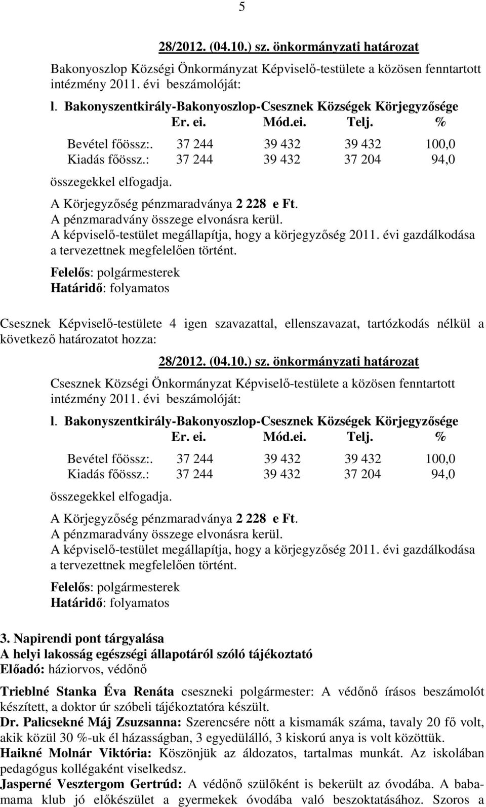 A Körjegyzőség pénzmaradványa 2 228 e Ft. A pénzmaradvány összege elvonásra kerül. A képviselő-testület megállapítja, hogy a körjegyzőség 2011. évi gazdálkodása a tervezettnek megfelelően történt.