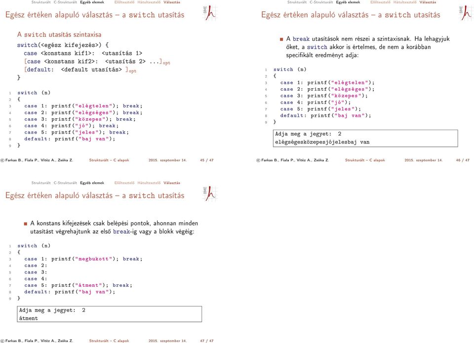 ..] opt [default: <default utasítás> ] opt } 1 switch (n) 2 { 3 case 1: printf ("elé gtelen "); break ; 4 case 2: printf ("elégséges"); break ; 5 case 3: printf ("kö zepes "); break ; 6 case 4: