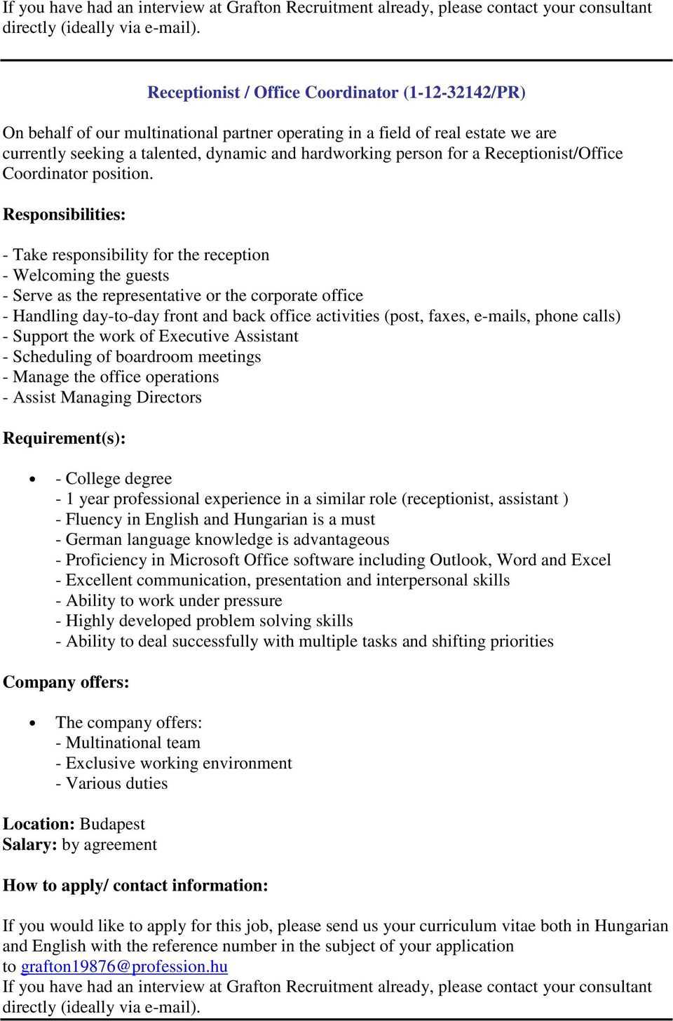 Receptionist/Office Coordinator position.