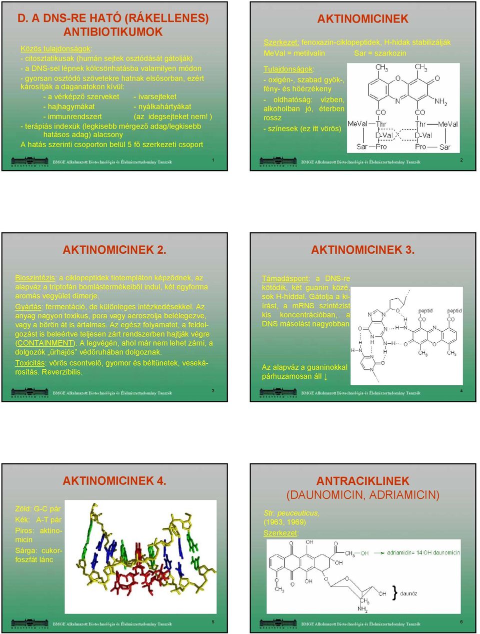 ) - terápiás indexük (legkisebb mérgező adag/legkisebb hatásos adag) alacsony A hatás szerinti csoporton belül 5 fő szerkezeti csoport AKTINOMICINEK Szerkezet: fenoxazin-ciklopeptidek, H-hidak