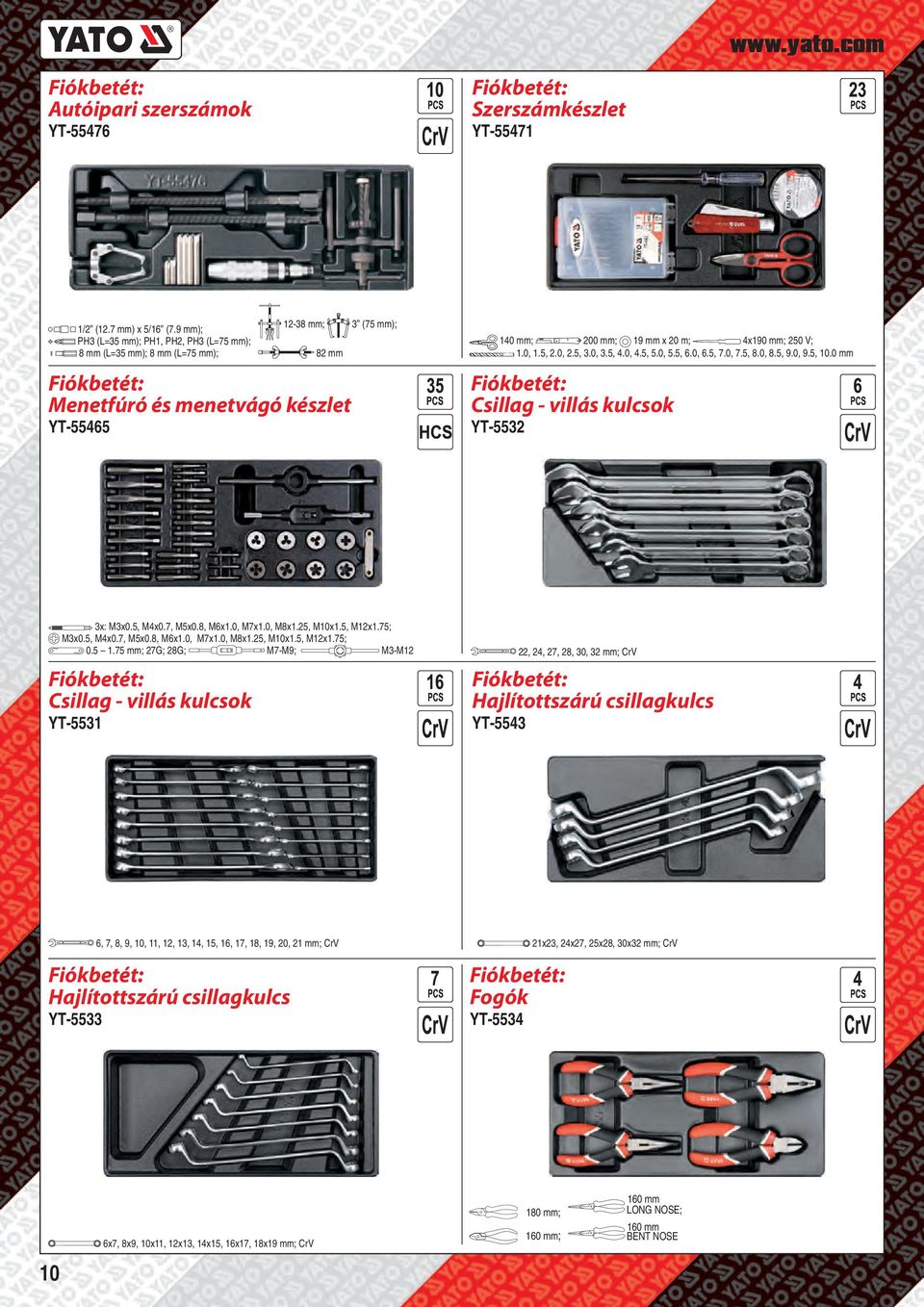 5, 2.0, 2.5, 3.0, 3.5, 4.0, 4.5, 5.0, 5.5, 6.0, 6.5, 7.0, 7.5, 8.0, 8.5, 9.0, 9.5, 10.0 mm Csillag - villás kulcsok YT-5532 3x: M3x0.5, M4x0.7, M5x0.8, M6x1.0, M7x1.0, M8x1.25, M10x1.5, M12x1.