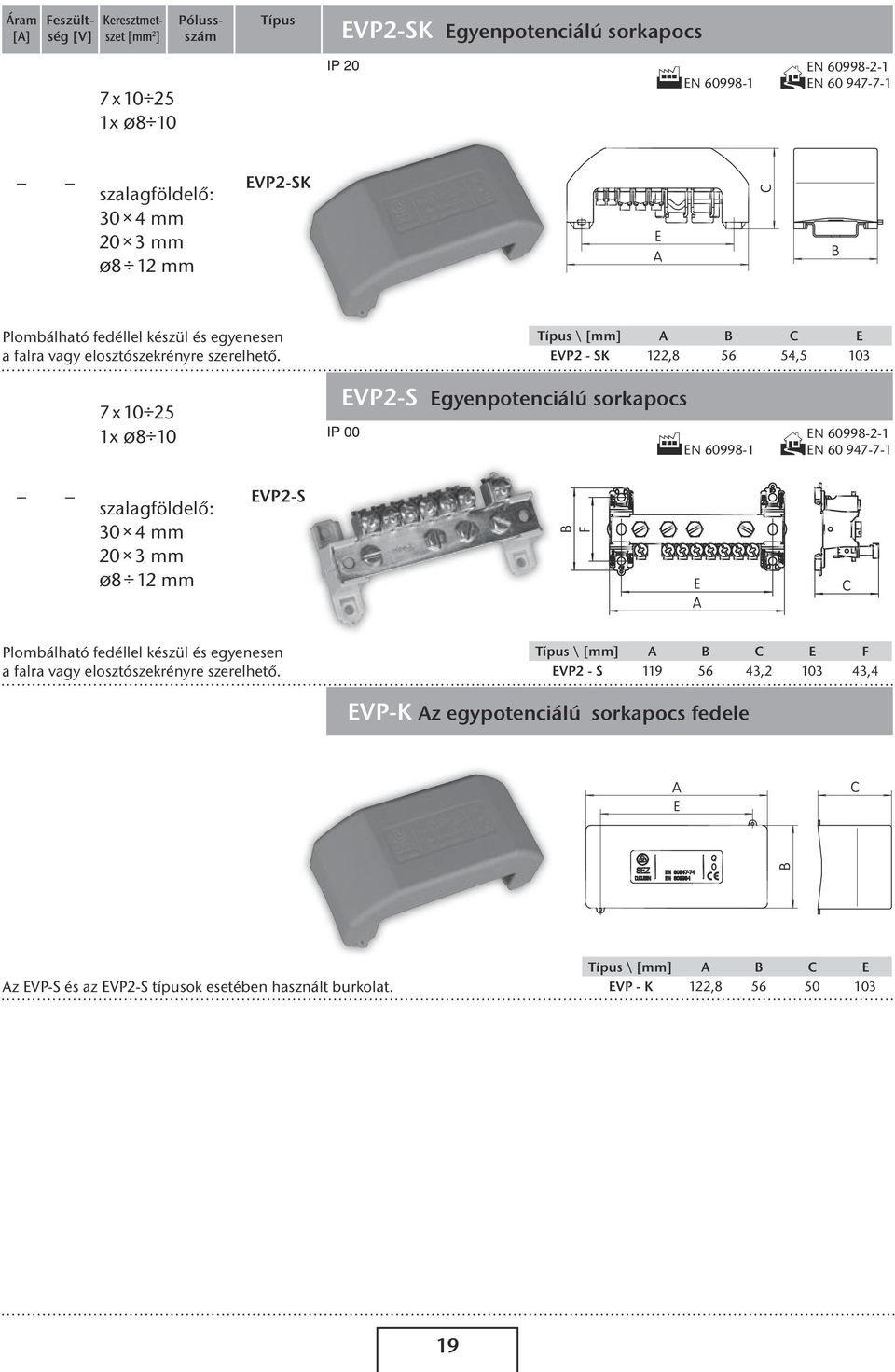 \ [mm] E EVP2 - SK 122,8 56 5,5 103 7 x 1025 1x Ø810 EVP2-S Egyenpotenciálú sorkapocs EN 60998-1 EN 60 97-7-1 szalagföldelő: 30 mm 20 3 mm Ø8 12 mm EVP2-S Plombálható