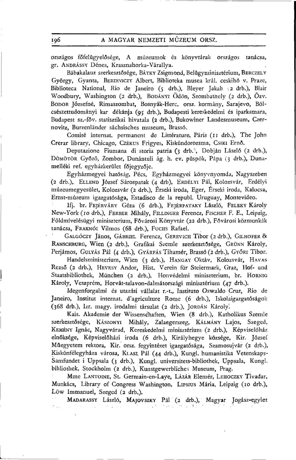 ), Bleyer Jakab \2 drb.), Blair Woodbury, Washington (2 drb.), BODÁNYI Ödön, Szombathely (2 drb.), Özv. BODOR Józsefné, Rimaszombat, Bosnyák-Here. orsz.