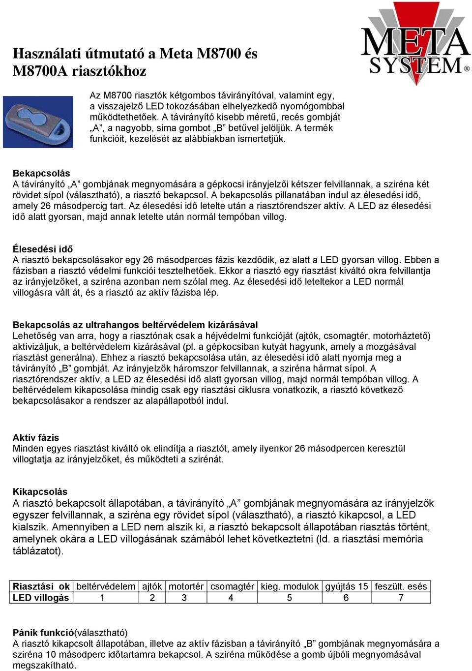 Használati útmutató a Meta M8700 és M8700A riasztókhoz - PDF Free Download