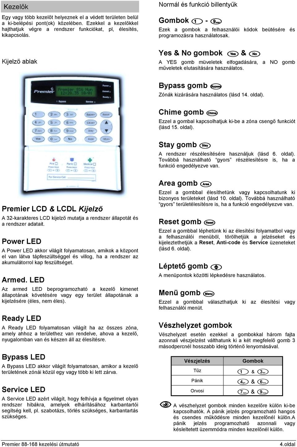 Yes & No gombok # & $ A YES gomb müveletek elfogadására, a NO gomb műveletek elutasítására használatos. Bypass gomb % Zónák kizárására használatos (lásd 14. oldal).