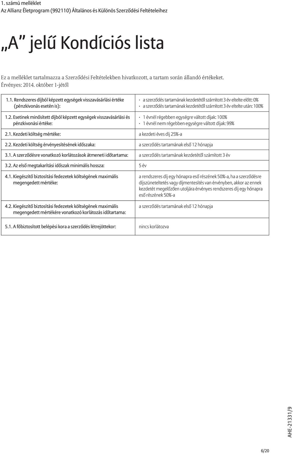 14. október 1-jétõl 1.1. Rendszeres díjból képzett egységek visszavásárlási értéke (pénzkivonás esetén is): 1.2.