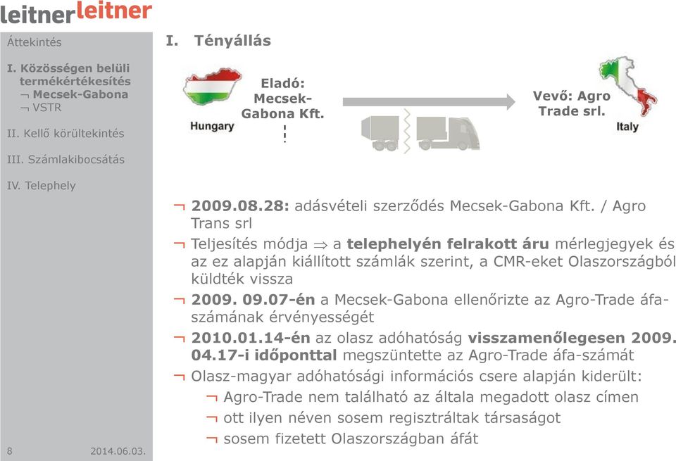 07-én a Mecsek-Gabona ellenőrizte az Agro-Trade áfaszámának érvényességét 2010.01.14-én az olasz adóhatóság visszamenőlegesen 2009. 04.