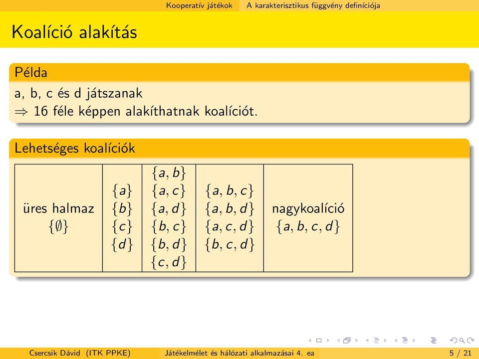 Lehetséges koaĺıciók {a, b} {a} {a, c} {a, b, c} üres halmaz {b} {a, d} {a, b, d}