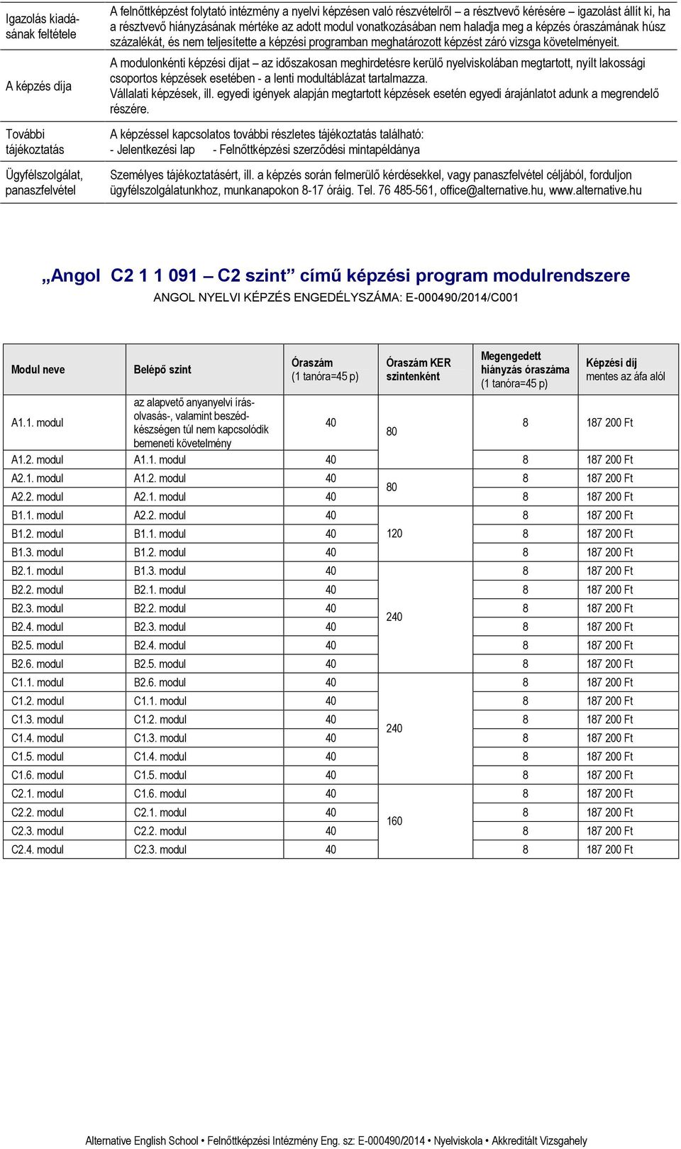 A képzés díja A modulonkénti képzési díjat az időszakosan meghirdetésre kerülő nyelviskolában megtartott, nyílt lakossági csoportos képzések esetében - a lenti modultáblázat tartalmazza.