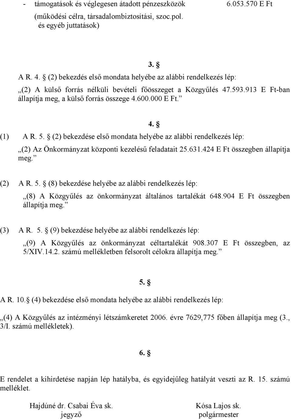 5. (2) bekezdése első mondata helyébe az alábbi rendelkezés lép: (2) Az Önkormányzat központi kezelésű feladatait 25.631.424 E Ft összegben állapítja meg. (2) A R. 5.