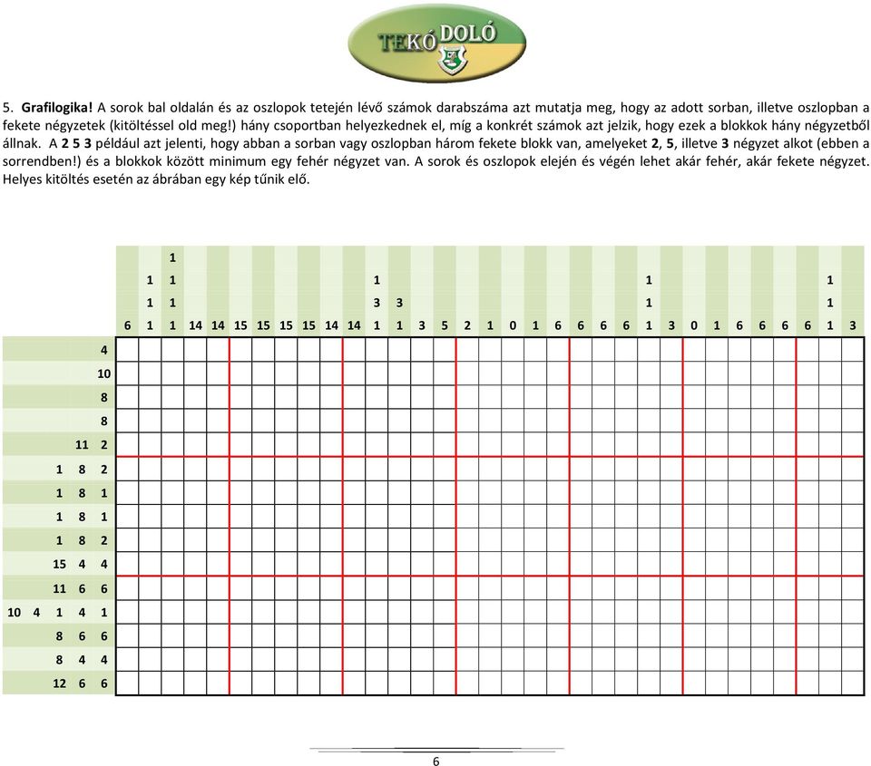 A 2 5 3 például azt jelenti, hogy abban a sorban vagy oszlopban három fekete blokk van, amelyeket 2, 5, illetve 3 négyzet alkot (ebben a sorrendben!) és a blokkok között minimum egy fehér négyzet van.