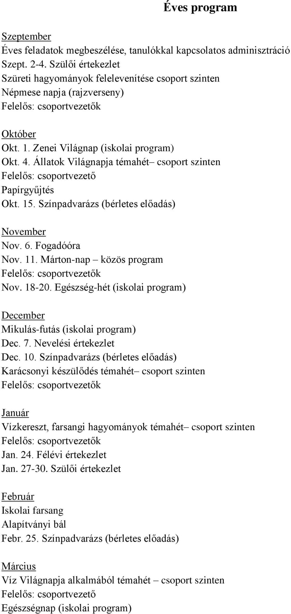 Állatok Világnapja témahét csoport szinten Papírgyűjtés Okt. 15. Színpadvarázs (bérletes előadás) November Nov. 6. Fogadóóra Nov. 11. Márton-nap közös program Nov. 18-20.