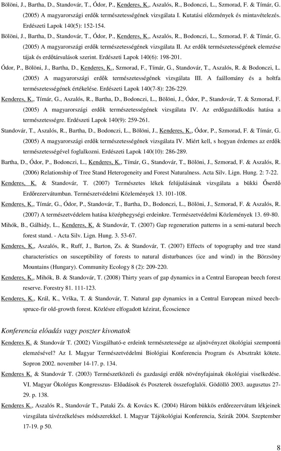 (2005) A magyarországi erdık természetességének vizsgálata II. Az erdık természetességének elemzése tájak és erdıtársulások szerint. Erdészeti Lapok 140(6): 198-201. Ódor, P., Bölöni, J., Bartha, D.