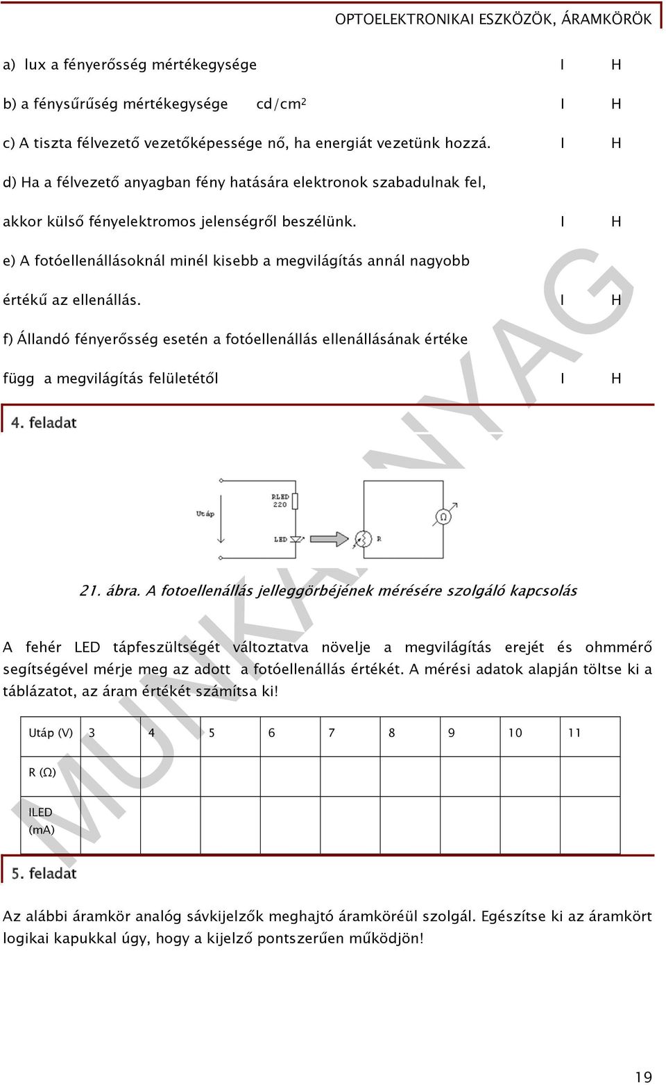 I H e) A fotóellenállásoknál minél kisebb a megvilágítás annál nagyobb értékű az ellenállás.