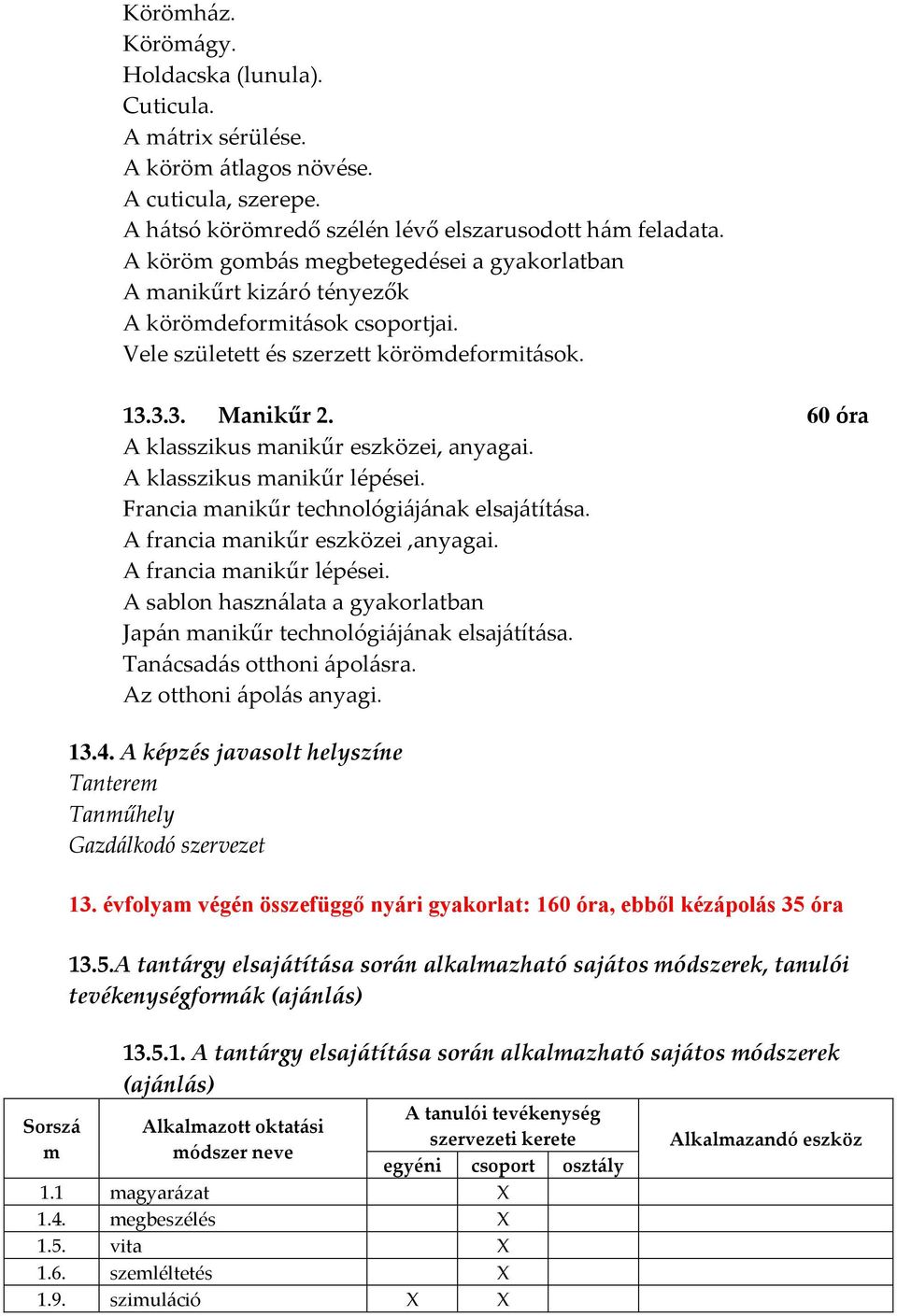 60 óra A klasszikus manikűr eszközei, anyagai. A klasszikus manikűr lépései. Francia manikűr technológiájának elsajátítása. A francia manikűr eszközei,anyagai. A francia manikűr lépései.