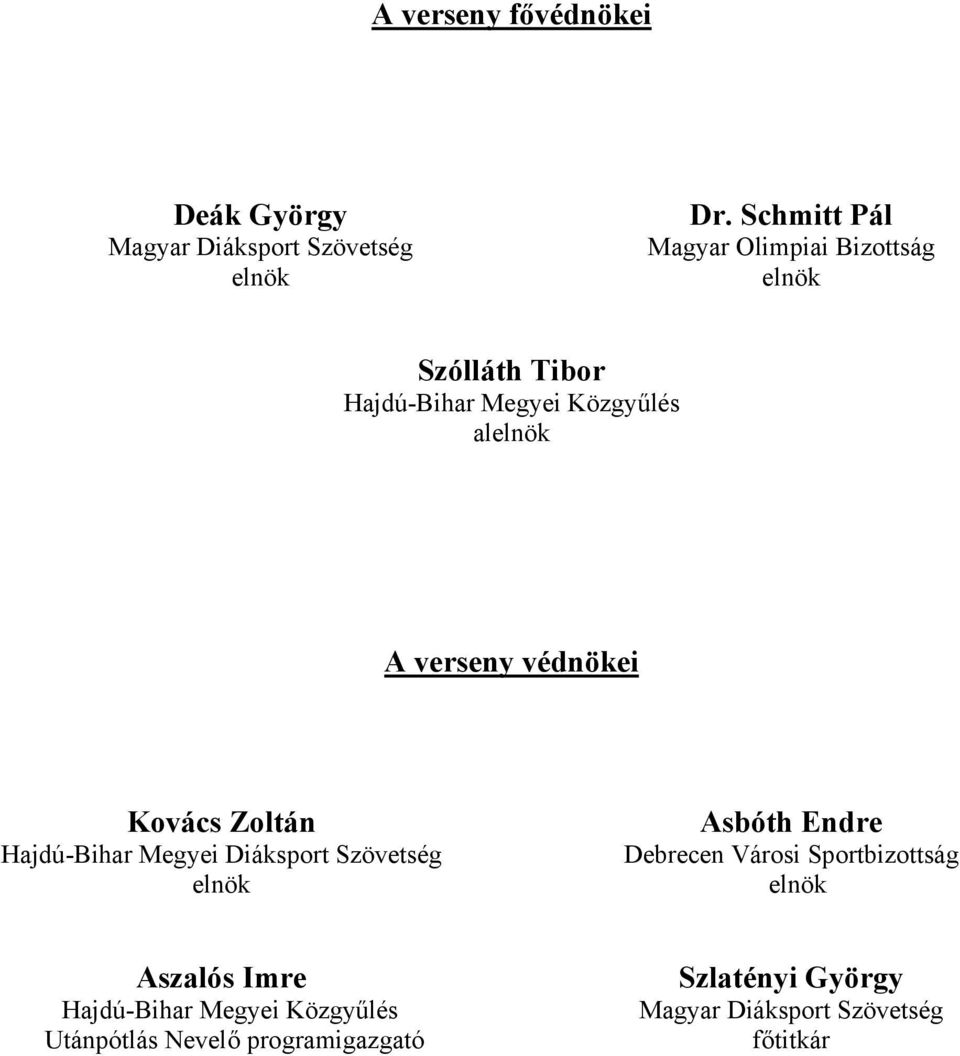 védnökei Kovács Zoltán Hajdú-Bihar Megyei Diáksport Szövetség elnök Asbóth Endre Debrecen Városi