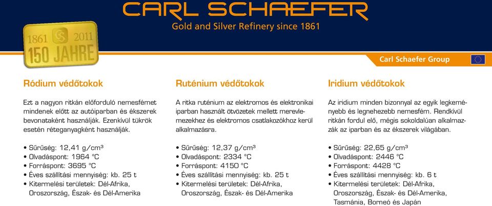 25 t Kitermelési területek: Dél-Afrika, Oroszország, Észak- és Dél-Amerika Ruténium védőtokok A ritka ruténium az elektromos és elektronikai iparban használt ötvözetek mellett merevlemezekhez és