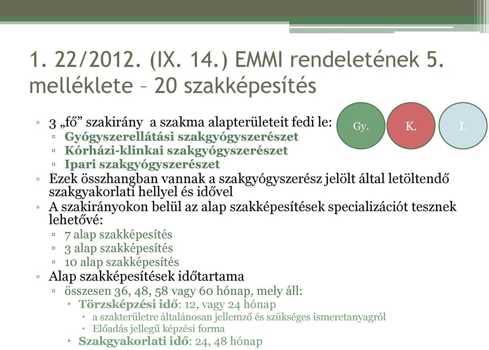 összhangban vannak a szakgyógyszerész jelölt által letöltendő szakgyakorlati hellyel és idővel A szakirányokon belül az alap szakképesítések specializációt tesznek lehetővé: 7