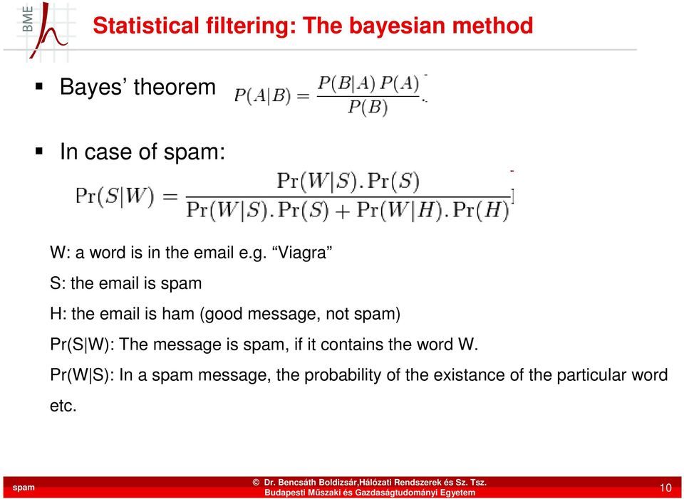 Viagra S: the email is H: the email is ham (good message, not ) Pr(S W):