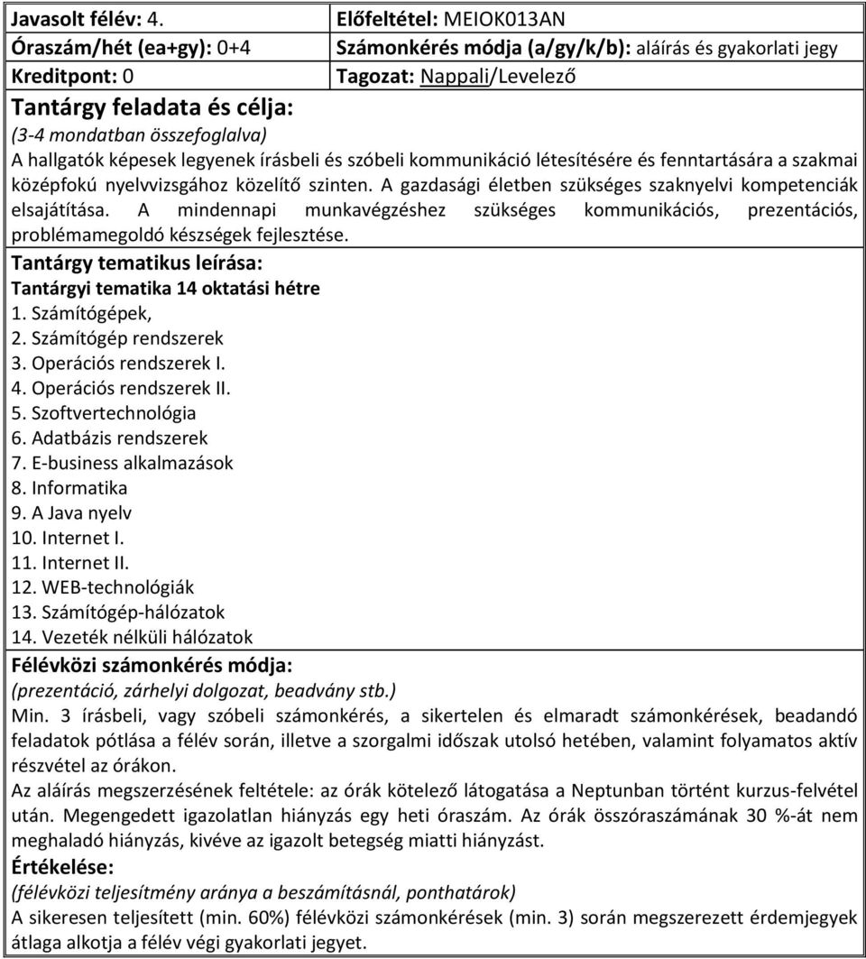 tematikus leírása: 1. Számítógépek, 2. Számítógép rendszerek 3. Operációs rendszerek I. 4. Operációs rendszerek II. 5.