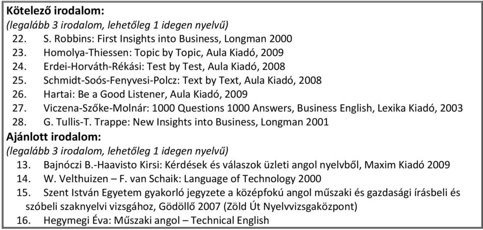 Viczena-Szőke-Molnár: 1000 Questions 1000 Answers, Business English, Lexika Kiadó, 2003 28. G. Tullis-T. Trappe: New Insights into Business, Longman 2001 13. Bajnóczi B.