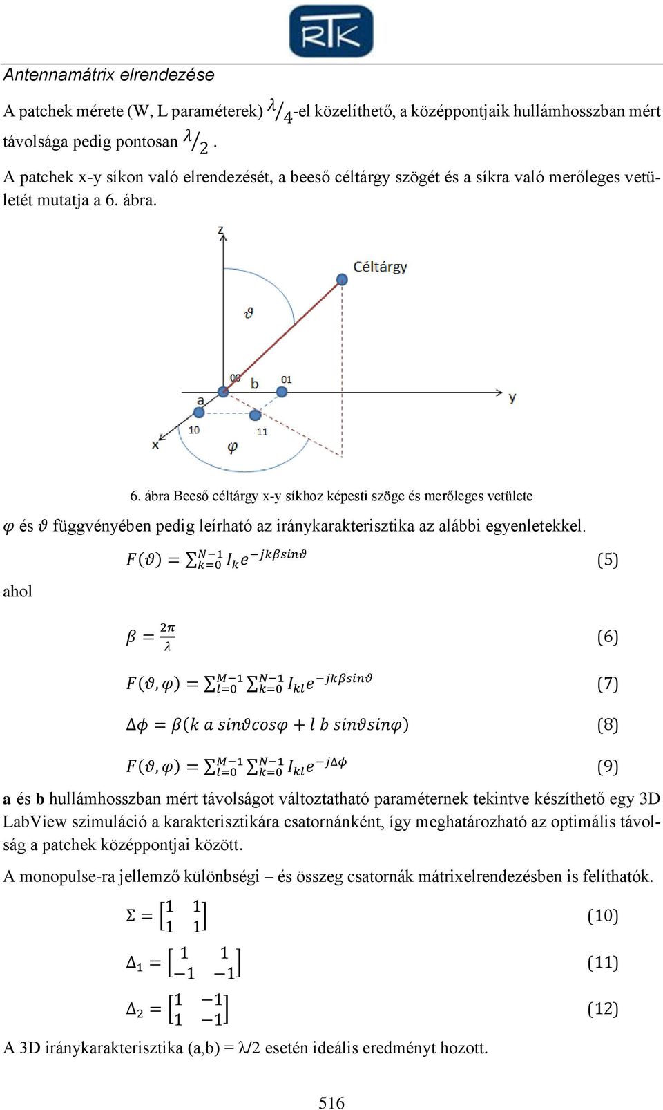 ábra. 6. ábra Beeső céltárgy x-y síkhoz képesti szöge és merőleges vetülete φ és θ függvényében pedig leírható az iránykarakterisztika az alábbi egyenletekkel.