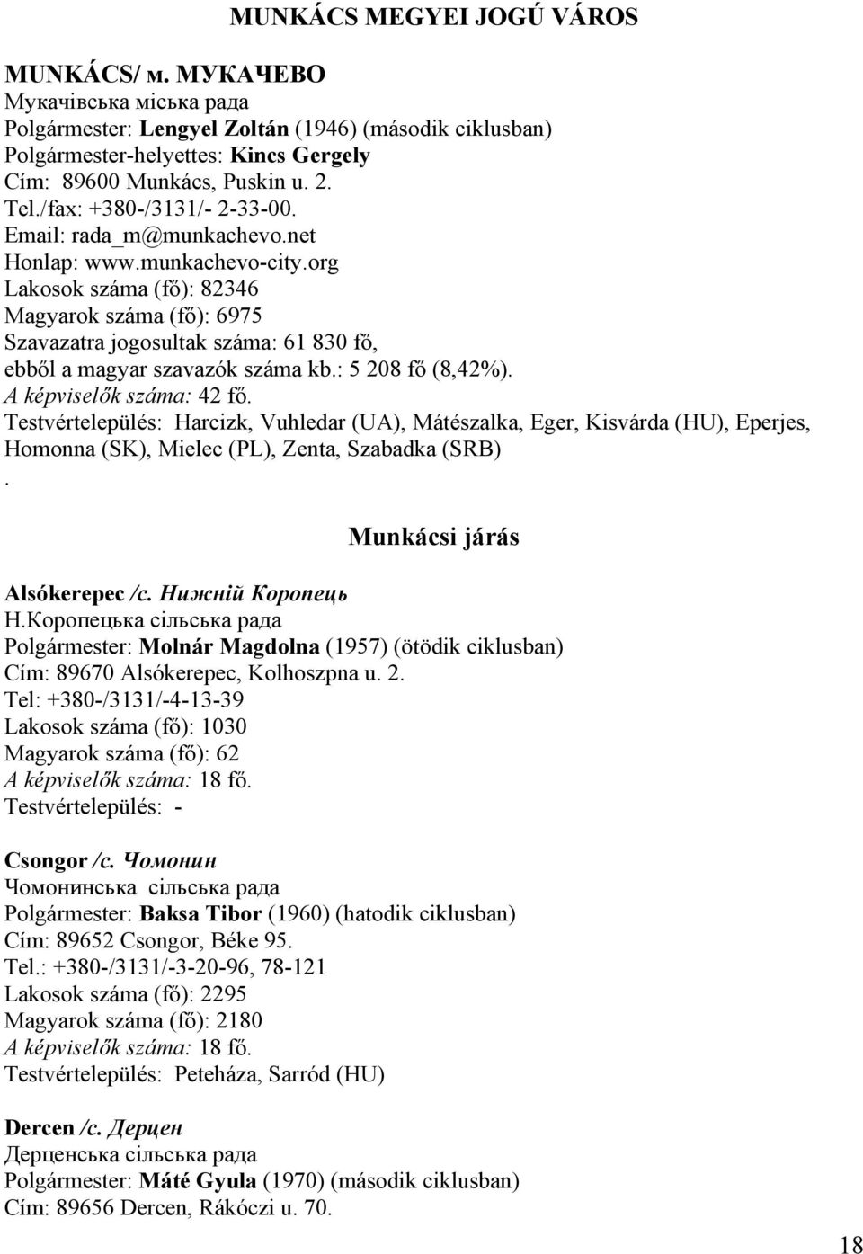 org Lakosok száma (fő): 82346 Magyarok száma (fő): 6975 Szavazatra jogosultak száma: 61 830 fő, ebből a magyar szavazók száma kb.: 5 208 fő (8,42%). A képviselők száma: 42 fő.