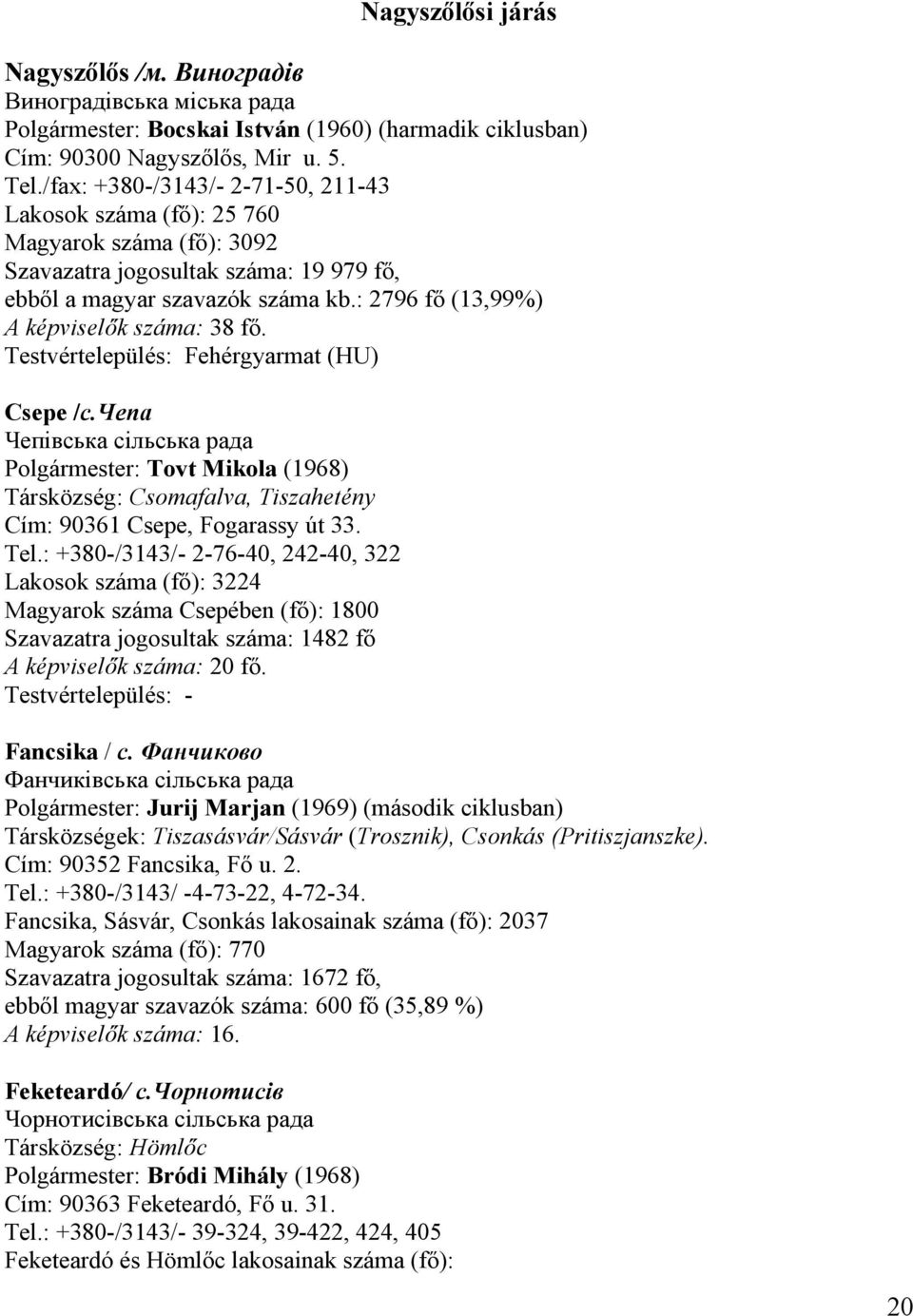 : 2796 fő (13,99%) A képviselők száma: 38 fő. Testvértelepülés: Fehérgyarmat (HU) Csepe /с.