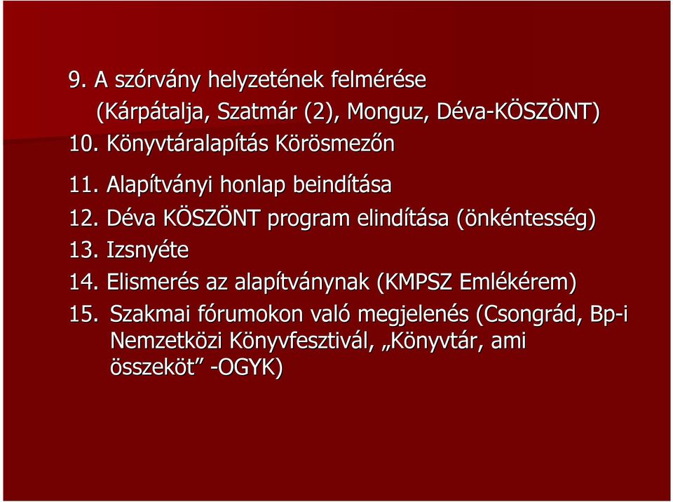 Déva KÖSZÖNT program elindítása (önkéntesség) 13. Izsnyéte 14.