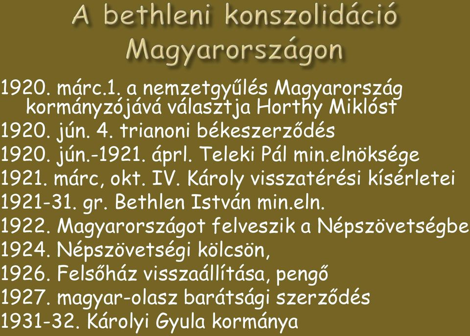 Károly visszatérési kísérletei 1921-31. gr. Bethlen István min.eln. 1922.