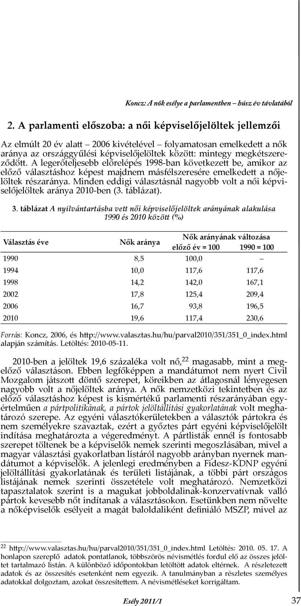 megkétszereződött. A legerőteljesebb előrelépés 1998-ban következett be, amikor az előző választáshoz képest majdnem másfélszeresére emelkedett a nőjelöltek részaránya.