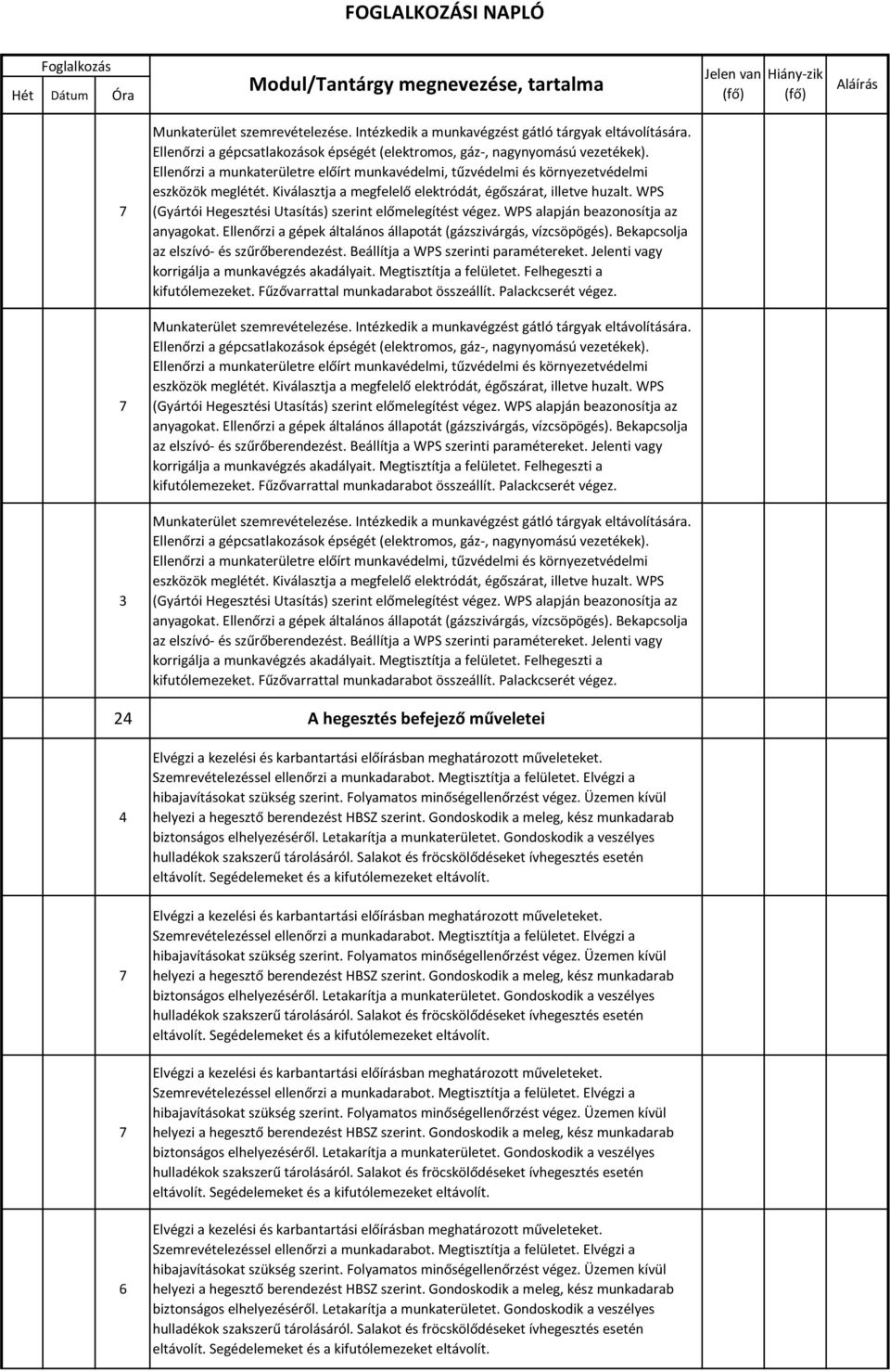 WPS (Gyártói Hegesztési Utasítás) szerint előmelegítést végez. WPS alapján beazonosítja az anyagokat. Ellenőrzi a gépek általános állapotát (gázszivárgás, vízcsöpögés).