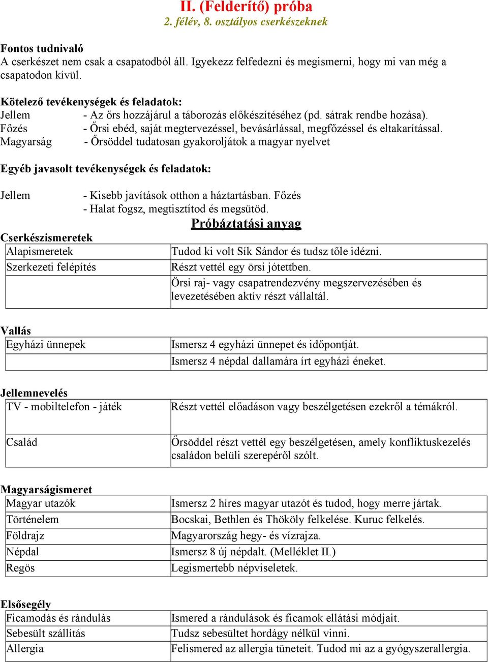 Főzés - Őrsi ebéd, saját megtervezéssel, bevásárlással, megfőzéssel és eltakarítással.