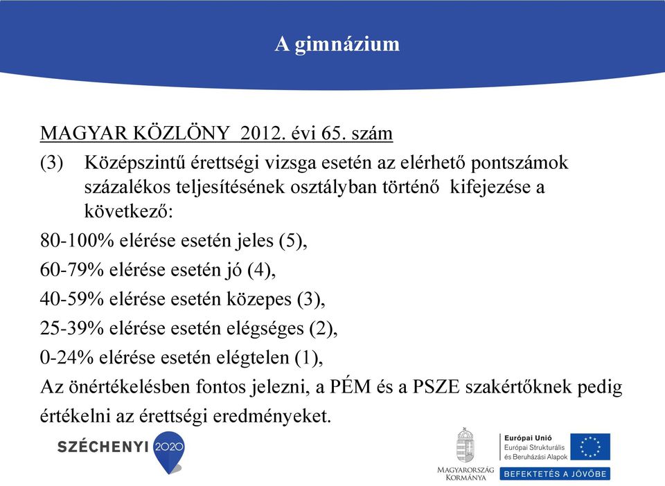 kifejezése a következő: 80-100% elérése esetén jeles (5), 60-79% elérése esetén jó (4), 40-59% elérése esetén