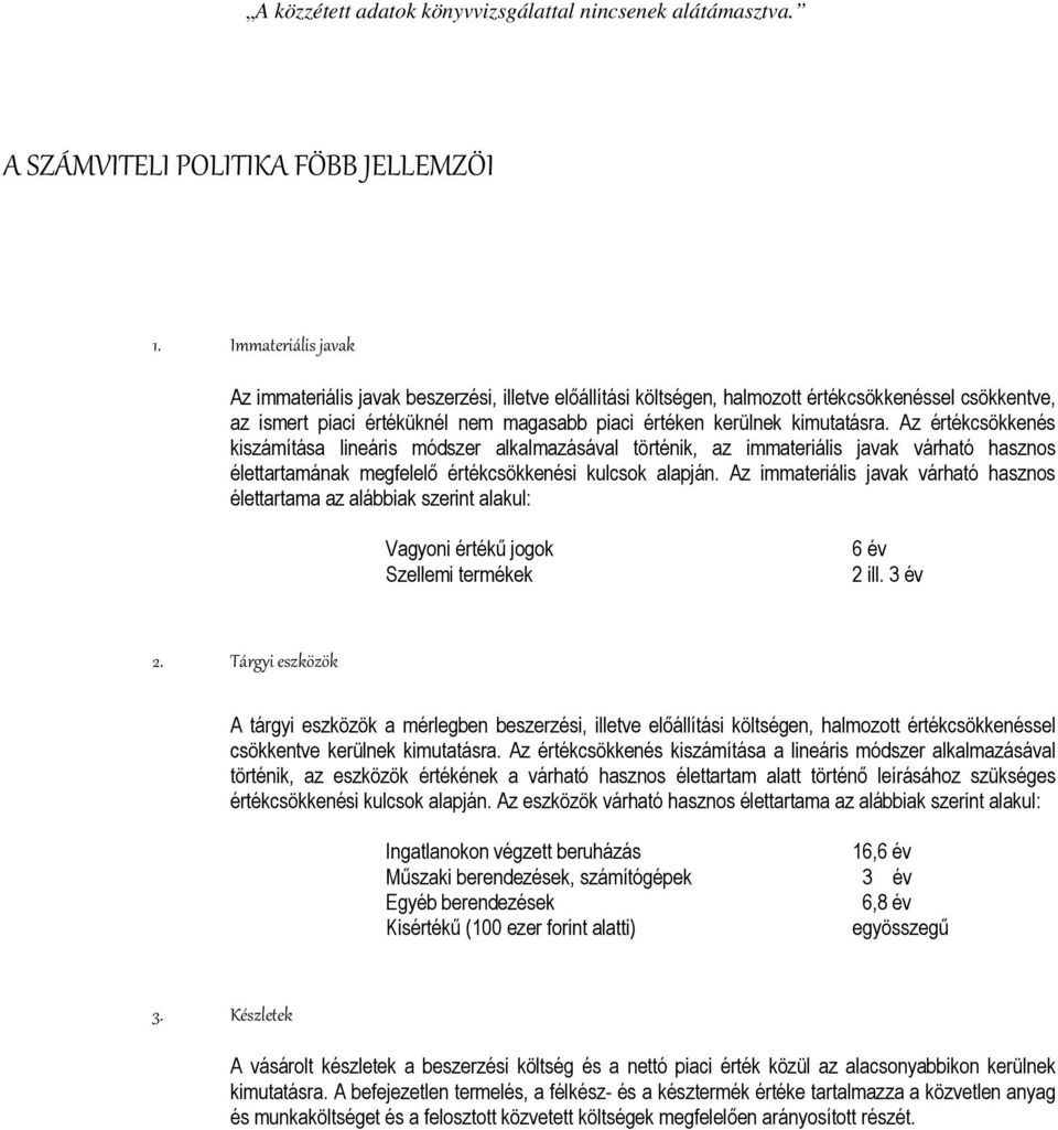 Az értékcsökkenés kiszámítása lineáris módszer alkalmazásával történik, az immateriális javak várható hasznos élettartamának megfelelő értékcsökkenési kulcsok alapján.