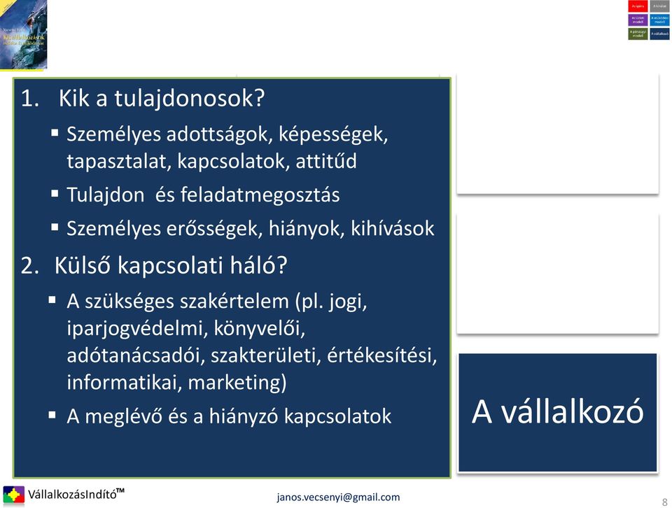 feladatmegosztás Személyes erősségek, hiányok, kihívások 2. Külső kapcsolati háló?