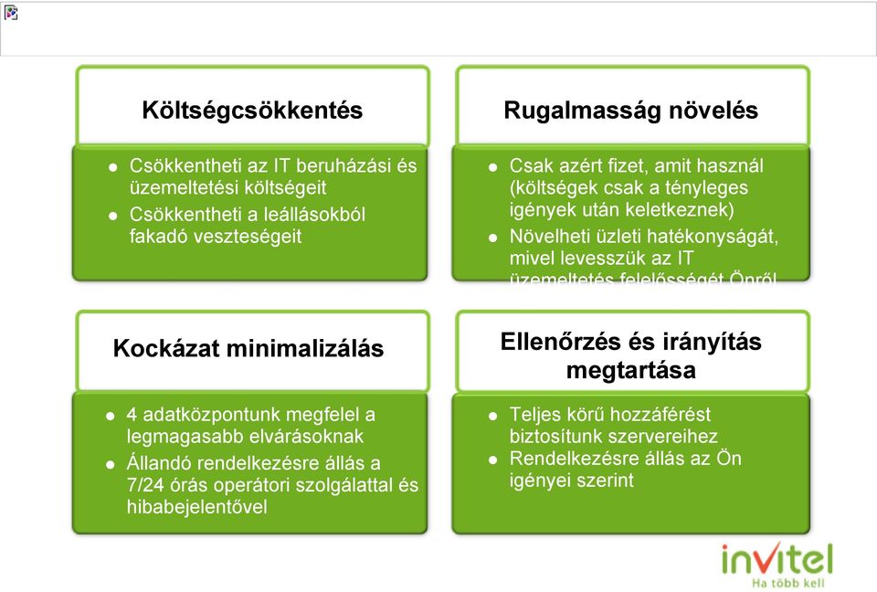 hibabejelentővel Rugalmasság növelés Csak azért fizet, amit használ (költségek csak a tényleges igények után keletkeznek) Növelheti üzleti hatékonyságát, mivel