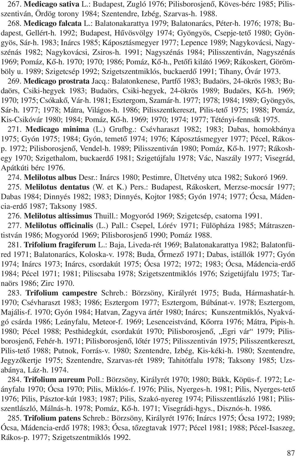 1983; Inárcs 1985; Káposztásmegyer 1977; Lepence 1989; Nagykovácsi, Nagyszénás 1982; Nagykovácsi, Zsiros-h. 1991; Nagyszénás 1984; Pilisszentiván, Nagyszénás 1969; Pomáz, Kõ-h.