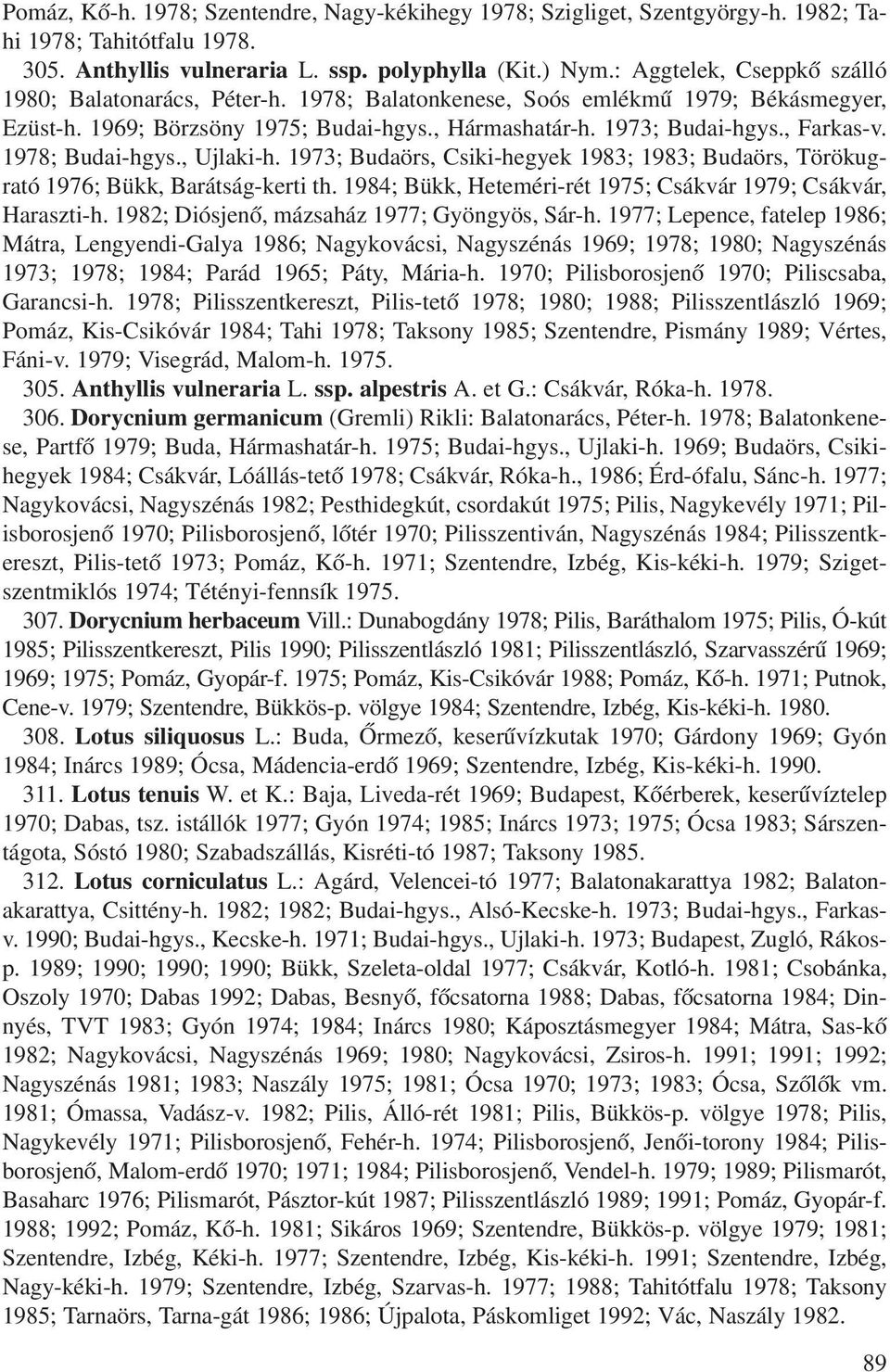 1978; Budai-hgys., Ujlaki-h. 1973; Budaörs, Csiki-hegyek 1983; 1983; Budaörs, Törökugrató 1976; Bükk, Barátság-kerti th. 1984; Bükk, Heteméri-rét 1975; Csákvár 1979; Csákvár, Haraszti-h.